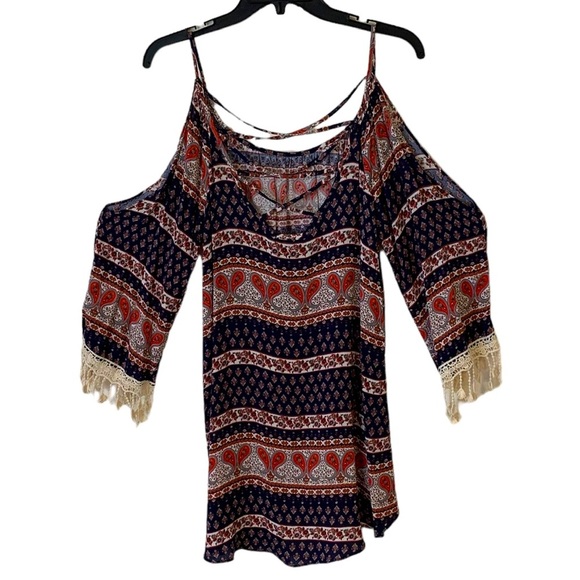 Mmmmmm | Small | Women's Bohemian Cold Shoulder High Low Hem Tunic Top - Picture 2 of 4